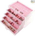 Frebeauty Extra Large Acrylic Jewelry Box for Women 5 Layers Clear Jewelry Organizer Velvet Earring Box with 5 Drawers Rings Display Case Necklaces Holder Tray for Women Girls(Pink)
