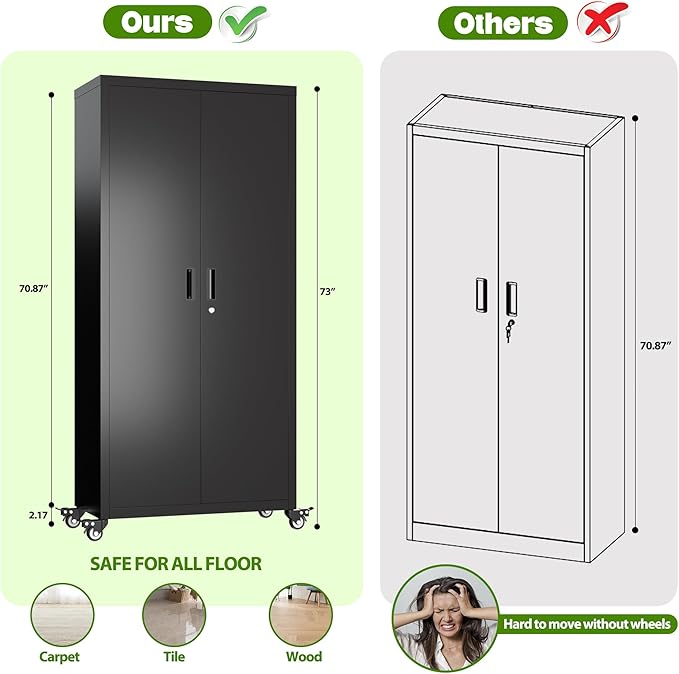 Garage Storage Cabinets with Wheels,Metal Storage Cabinet with Adjustable Shelves forGarage Office Home Warehouse, Assemble Required, Black,15.71" D x 31.57" W x 73" H