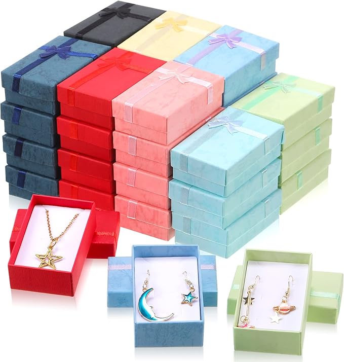 Batiyeer Jewelry Gift Boxes Set Empty Small Gift Cardboard Boxes for Jewelry Packaging with Ribbon Bowknot for Anniversaries Weddings Birthday, 8 Colors(120 Pcs)