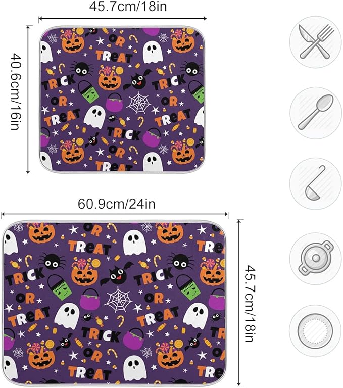 Happy Halloween Purple Pumpkin Fall Dish Drying Mat 16x18 for Kitchen Counter Trick or Treat Spooky Ghost Reversible Dishes Draining Mats Medium Absorbent Fast Dry Pad Halloween Accessories