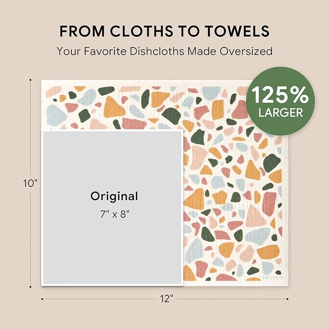 RECYCO Swedish Dishcloths for Kitchen | 4 Pack Oversized Washable Dish Rags | Large Cellulose Reusable Cleaning Paper Towels | Absorbent Counter Dish Cloth Sponge XL Kitchen Wipes, 12" L x 10" W