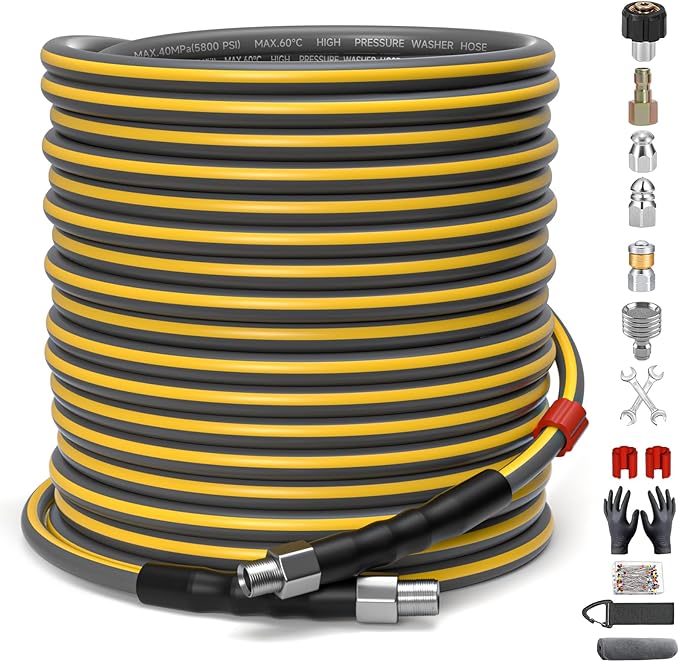 TUTULUCK Sewer Jetter Kit for Pressure Washer, 5800PSI Drain Cleaner Hose 1/4 Inch NPT Corner,Showerhead,Rotating rotates,Mushroom Nose,Corner sewer nozzle(150FT)