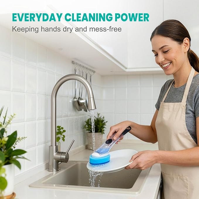 HELIME Dishwand Refills, Non-Scratch Replacement Sponge Heads for Dish Wand, Leak-Proof Handle with Heavy-Duty Scrubbers, Universal Compatible Soap Dispensing Brush for Kitchen, Bathroom Cleaning