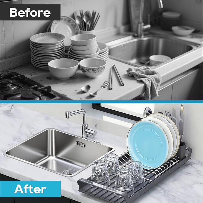 Small Expandable Dish Drying Rack – Compact & Space-Saving – No Spout, No Leaks – Durable, Rust Resistant & Easy to Clean – Ideal for Kitchens, Apartments & RVs – Extend 10.9 to 18.6 inches (Gray)