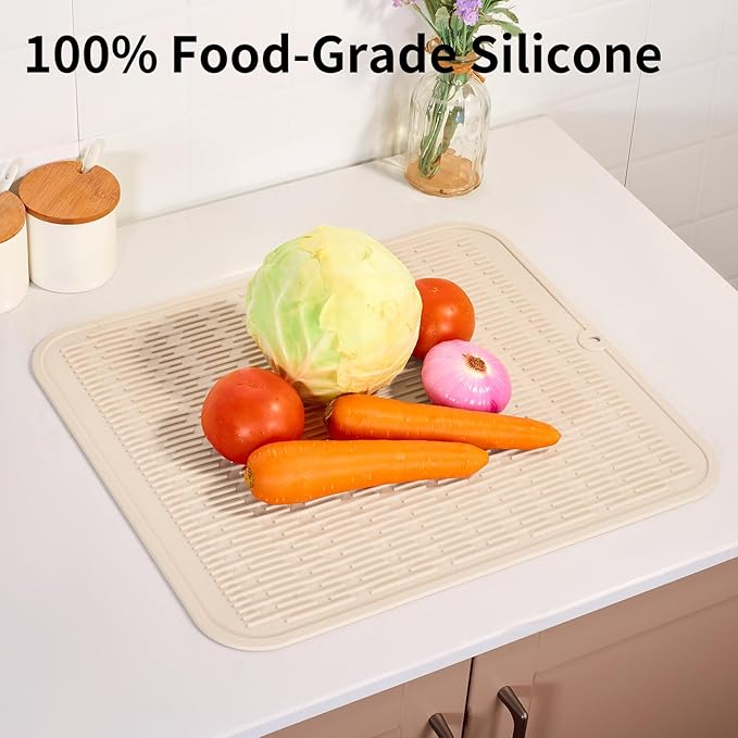 ZLR Large Silicone Dish Drying Mat (16" x 18") - XL Heavy Duty Drainboard Mat for Pots, Pans & Family Loads - Heat Resistant Trivet & Counter Protector, Easy Clean (Cassava White)