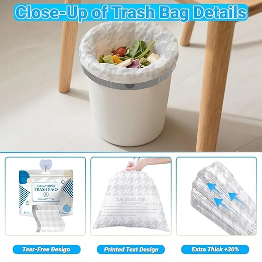 OKKEAI 2.6 Gallon Small Trash Bags White Drawstring Bathroom Garbage Bags – 90 Count Tear-Free, Heavy Duty Printed Liners, Leak-Proof White Trash Bag for Kitchen, Office, Multipurpose Use