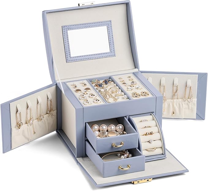 CASEGRACE Jewelry Box Organizer for Women Girls, Three Layer Jewelry Storage Box with Mirror PU Leather Jewelry Display Case for for Bracelets, Earrings, Rings, Necklaces,Blue