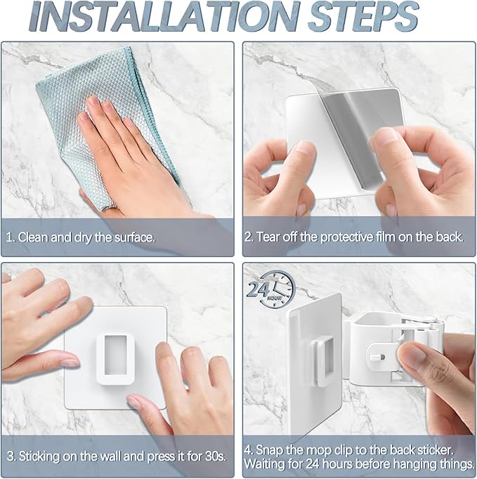 3-H 40 Pack Self Adhesive Broom Holder Wall Mount - Heavy Duty No Drill Broom Organizer for Garage Closet Kitchen, Plastic Storage Rack for Brooms Mops Tools, Peel and Stick Adhesive, White