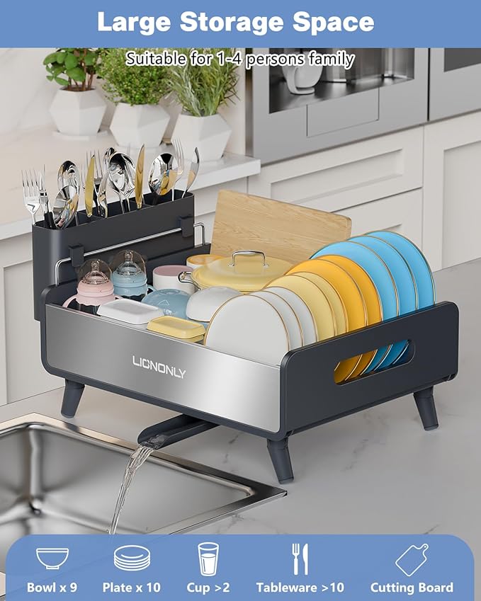 LIONONLY Dish Drying Rack, Thicker Premium Aluminum Frame and 304 Stainless Steel Plate Rack for Kitchen Counter, Automatic Drainage Spout, Dish Drainer & Drainboard Set with Utensil Holder,Gray