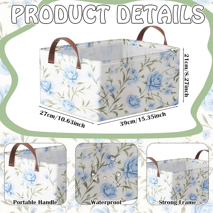 Boao 3 Pcs Blue Hydrangea Bow Storage Bin Flowers Collapsible Large Storage Baskets for Gifts Canvas Laundry Basket Foldable Box with Handle for Office Home Bedroom Clothes