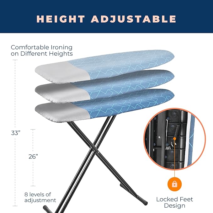 Ironing Board, Compact and Space Saver Foldable Iron Board, Safety Ironing with Park Zone and 3 Layers Extra Thick Cover, Adjustable Height, Easy Storage with Smart Hanger and Lightweight Design