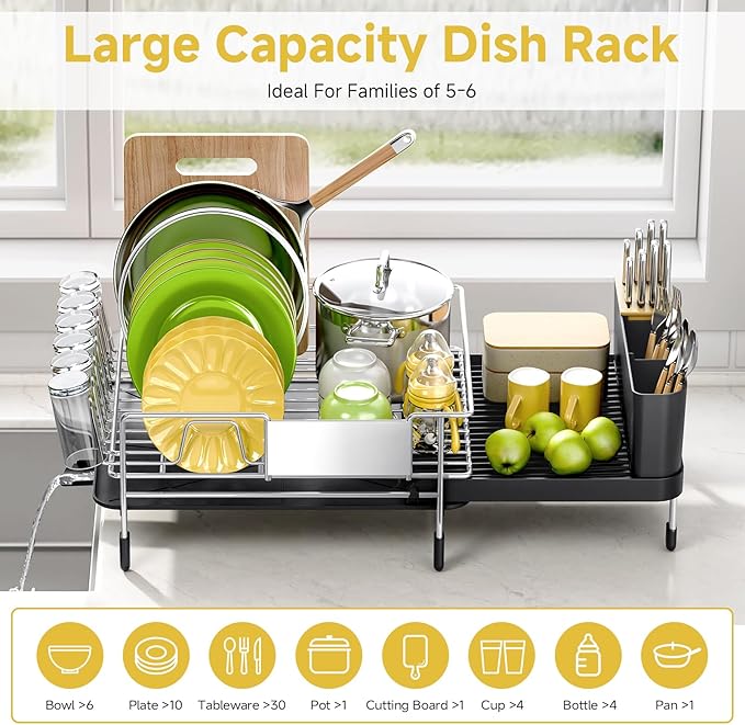 Urackify Large Dish Drying Rack - 304 Stainless Steel Dish Rack for Kitchen Counter, Extendable Dish Drainers with Cutlery & Cup Holders, Black