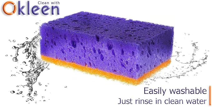 Okleen Purple and Orange Multi Use Scrub Sponges. Made in Europe. 18 Pack, 4.3x2.8x1.4 inches. Heavy Duty & Non Scratch Fiber. Odorless, Durable, Delicate, Rinse Clean Violet Scrubber