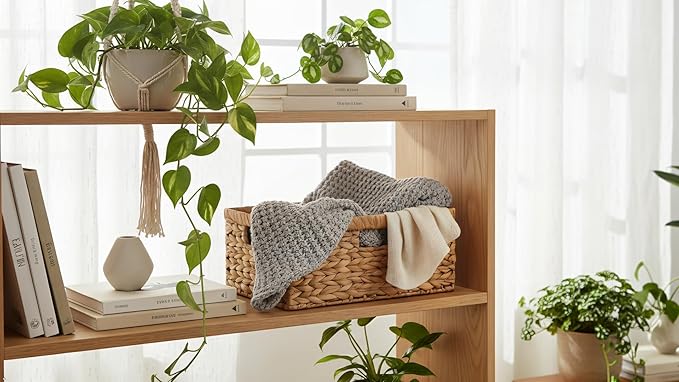 Large Rectangular Wicker Basket - Premium Water Hyacinth Storage Basket with Built-in Handles for Home Organization, Shelf Organizer, Decorative Natural Handwoven Basket, 15x11x7"