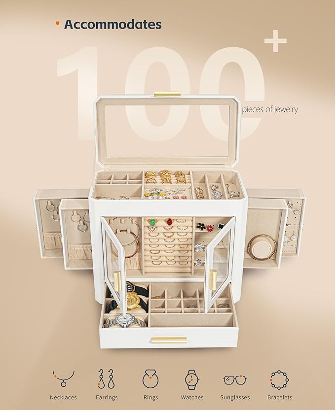 11" Large Jewelry Box White Woven PU Leather Storage Case Holds 100+ Pieces, Jewelry Case with Metal Handles for Necklaces, Rings, Earrings – Elegant Gift for Women