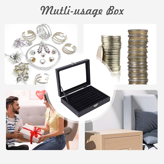 Stratalife Ring Organizer Jewelry Box Leather Jewelry Display Case with Clear Glass Top Ring Holder Gift for Women Black