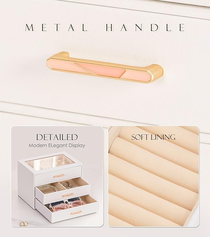Homde Jewelry Box with Compartments for Women: Big Storage Organizer for Room - Necklace, Earring, Ring Holder for Dresser (White + Pink)