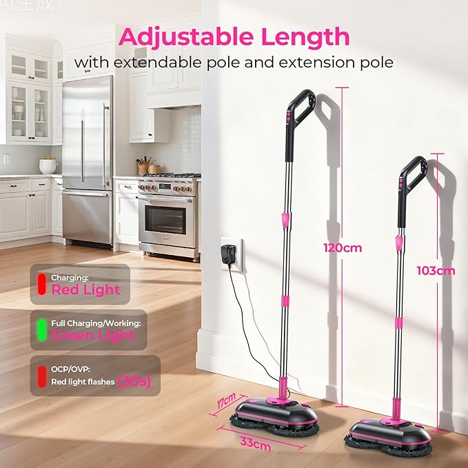 ScrubWiz Cordless Electric Spin Mop with Water Sprayer, Self-Propelled Floor Cleaner for Hardwood & Tile, Quiet Cleaning, Adjustable Handle, 2500mAh Long-Lasting Battery, 300ml Tank