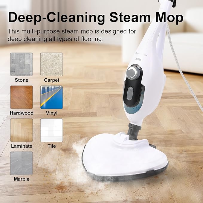 11-in-1 Steam Mop, 1550W Powerful Handheld Steam Cleaner, 260°F Multi-Functional Floor Steamer with 21.3FT Cord for Floors, Hardwood, Tiles, Grout, Windows, Kitchen, Bath, Adjustable (White)