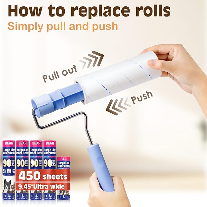 Large Lint Roller for Pet Hair Extra Sticky,10 Years Lifespan,9.45''/6.3" Pet Hair Removal Tool Roller for Dog Cat Hair,450 Sheets/5 Refills,Detachable Telescoping Extension Lint Remover Brush