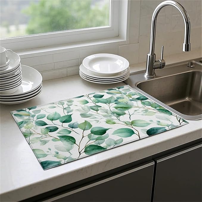Dish Drying Mat For Kitchen Counter, Sage Green Microfiber Absorbent Dish Drainer Rack Pad Reusable Large 18x24in Drying Mat