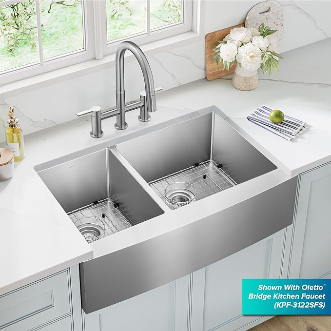Kraus KHF204-33 Standart PRO Kitchen Stainless Steel Sink, 16 Gauge, 33" Undermount Round Apron 40/60 Double Bowl Kitchen Sink