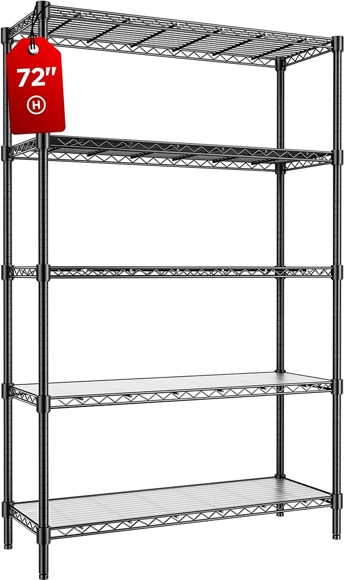 RackBro 45" W Storage Shelves 5 Tier Wire Shelving, Adjustable Metal Shelving Unit with Shelf Liners, 1875LBS Heavy Duty Storage Rack for Garage Pantry Kitchen Commercial, 45" W x 16" D x 72" H, Black