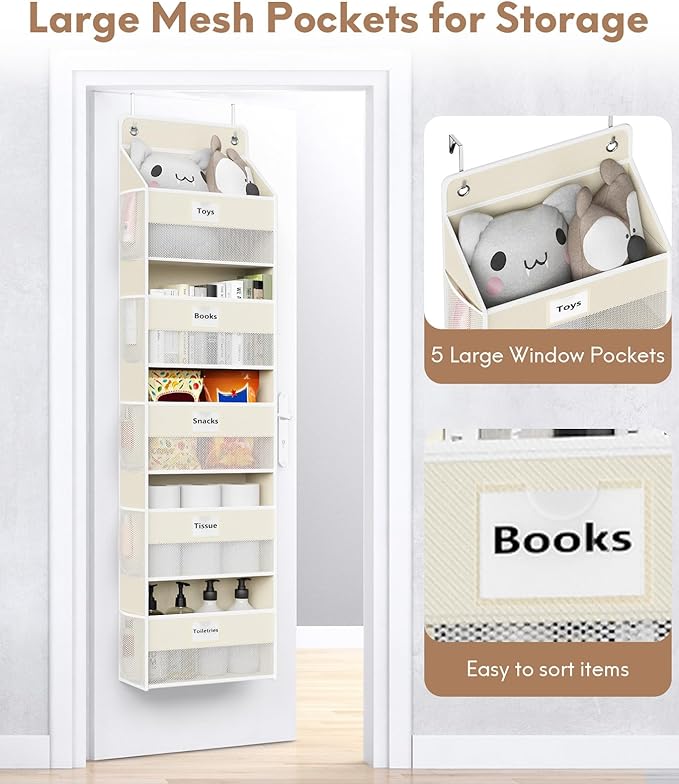Optish Over The Door Organizer Hanging, 5 Shelf Behind The Doors Storage, Pantry Door Organizer, Closet Organizers for Bedroom and Nursery (Beige)