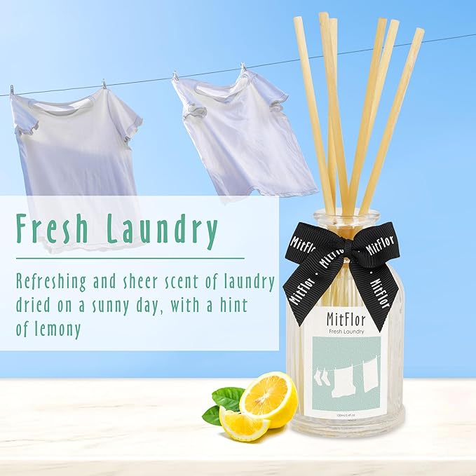 Fragrance Diffuser, MitFlor Fresh Laundry Reed Diffuser Set with Natural Rattan Sticks, Elegant Aromatic Home Décor, Refreshing Scent Diffuser for Living Room, Bedroom, Bathroom & Office, 3.4 fl oz