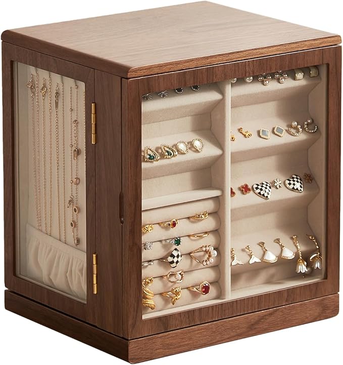 Black Walnut Wooden Jewelry Box - 360° Rotating Jewelry Organizer for Women with 5 Drawers for Rings,Necklaces,Earrings and Bracelets -Large Storage Case - Valentines Day Gifts for Her