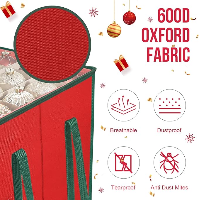 Christmas Ornament Storage Box, Stores Up to 100 Count 3 Inch Ornaments, 5 Individual Trays, Adjustable Dividers, 600D Oxford Fabric, Large Organizer Bin to Protect and Store Holiday Décor
