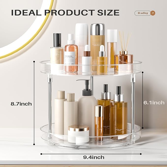 Slow Slog 2 Pack 2 Tier Lazy Susan Turntable Organizer, Clear Rotating Lazy Susan, Spice Rack for Cabinet, Makeup and Perfume Organizer for Vanity, Counter Organizer Tray for Kitchen, Bathroom