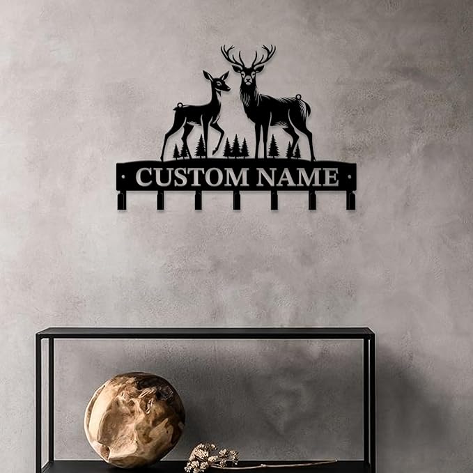 Personalized Custom Name Forest Deer Wall Keys Hooks,Metal Forest Deer Art Clothes Hooks,Metal Forest Deer Wall Home Storage Decorative,For Front Door, Hallway, Kitchen, Bedroom,Keys,Hats (Style H)