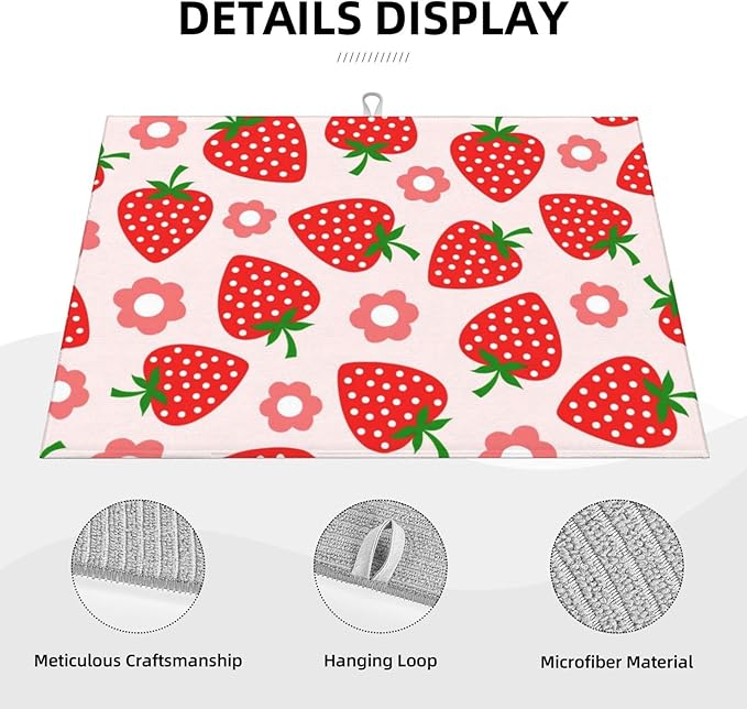 Pink Strawberry Dish Drying Mat 18x24 For Kitchen Counter Absorbent Microfiber Dishes Pad Dish Drainer Rack Mats Fast Dry Kitchen Accessories