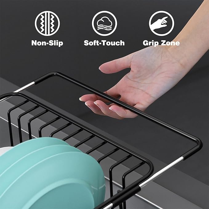 jouzevic Dish Drying Rack in Sink: Expandable, 3-Slot Utensil Holder, Anti-Slip Handle. Small Dish Rack: Ideal for Small Households. Kitchen Drying Rack: Black