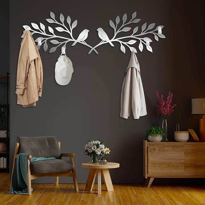 Bay Leaf Metal Coat Rack, Tree Branch and Birds Coat Rack, Bay Leaf Wall Hanging, Boho Wall Mount, Nature Room Decor, Home Storage Organization in Entryways (Silver, 14"x48"|36x121cm)