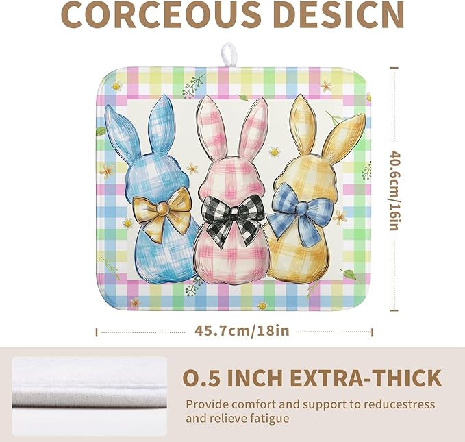 Wnoesat Easter Drying Mat for Kitchen Counter - 16x18 In, Multi-color (Buffalo Plaid), Microfiber & Composite Sponge, Cute Bunny Pattern, Absorbent Dish Drainer Mat