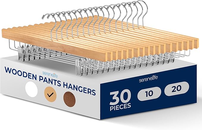 SereneLife 30 Pack Skirt and Pant Hanger with Adjustable Non-Slip Steel Clips, Premium Wooden, 360° Swivel Hook & 10 lb Capacity – Space-Saving Heavy-Duty Hangers for Jeans, Shorts & Slacks (Natural)