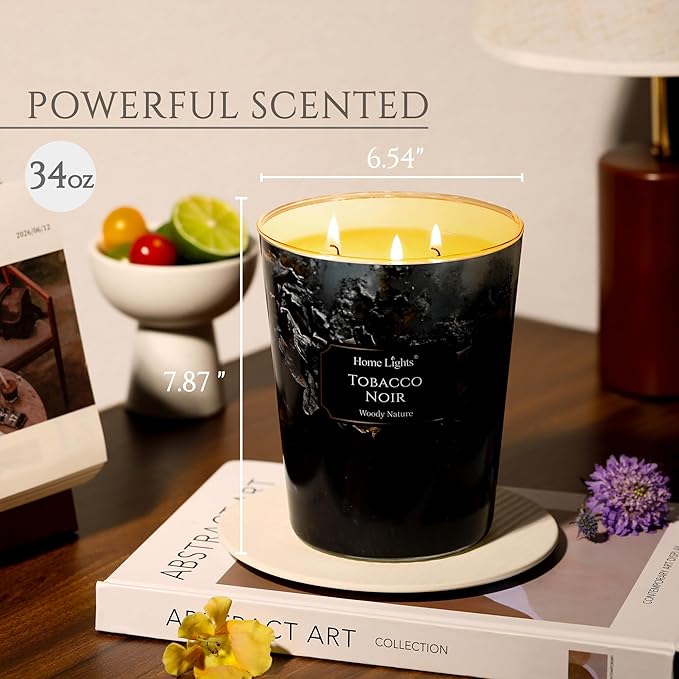 HomeLights Scented Candles | Large Jar 34 Oz Natural Soy Candle | 130 hrs Long-Lasting with 3 Wicks | Industrial Chic Home Decor | Gifts for Mom & Women, Tobacco Noir