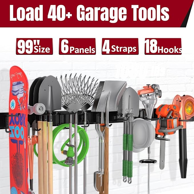 Hailivike 99" Garage Tool Organizer Wall Mount, with 18 Versatile Hooks (8 Styles), Maximized Space & Heavy-Duty Garage Tool Storage Rack for Brooms, Lawn Equipment, Garden & Yard Tools