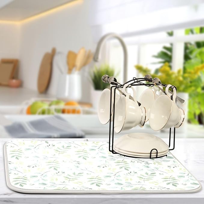 Eucalyptus Leaves Dish Drying Mat for Kitchen Countertop 16x18 Green Small Drying Mat Reusable Quick Dry Dish Sink Mats Easy Clean Decorative Essentials