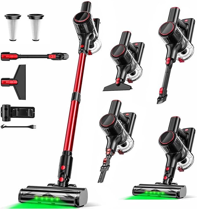 OUYFHK Cordless Vacuum Cleaner, 45KPA 8-in-1 Vacuum Cleaners for Home, 50Mins Runtime, Anti-Tangle Stick Vacuum with LED Display, Rechargeable Lightweight Vacuum for Pet Hair/Carpet/Floor (Red)