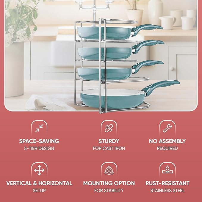 Extreme Matters Heavy-Duty Pots and Pans Organizer | 5-Tier Cookware & Lid Storage Rack | Free-Standing or Wall-Mount | Kitchen Organizer for Cast Iron Skillets, Pots, Frying Pans, Lids | Chrome