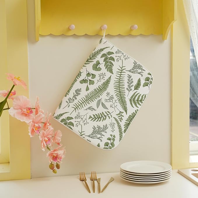 Sage Green Herb Leaves Dish Drying Mat 18 x 24 Inch Vintage Sage Green Leaf Plant Drying Mat for Kitchen Counter Absorbent Spring Summer Botanical Dishes Dry Pad for Drainer Rack Kitchen Fast Dry