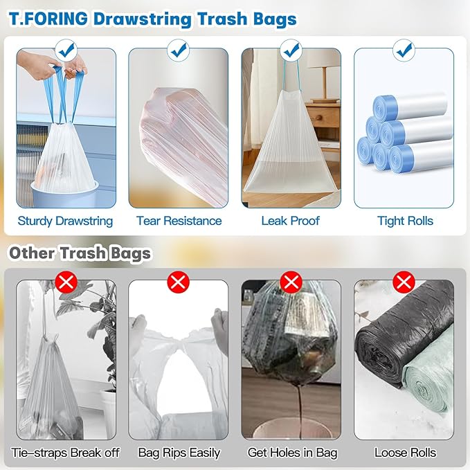 T.FORING 2 Gallon Trash Bags Drawstring 0.96 Mil - 120 Count Small Garbage Bags Unscented,White Mini Trash Can Liners Strong Little Waste Basket Bags 7.5 Liter for Home Bathroom Office Car