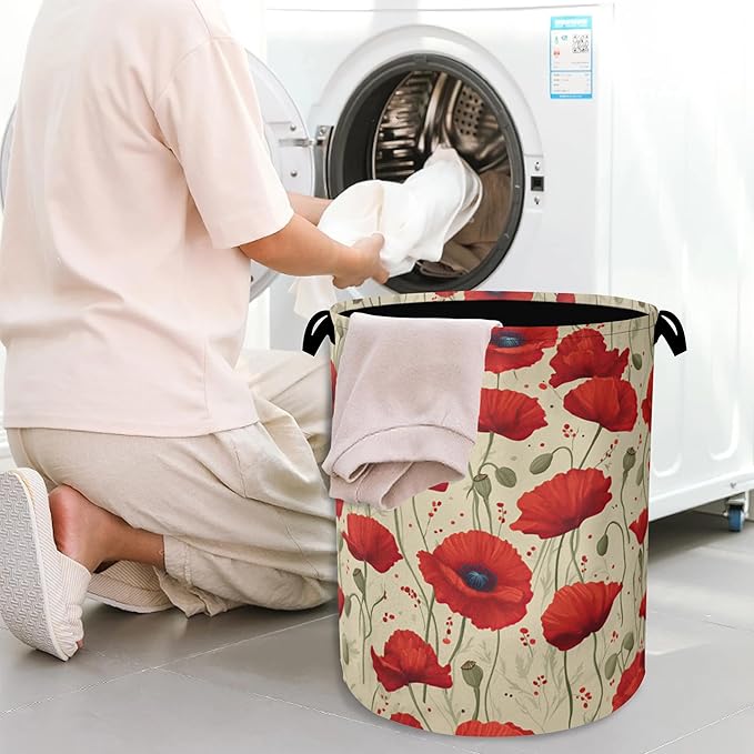 Vintage Poppy Flower Laundry Basket,Oxford Cloth Laundry Hamper with Handle Foldable Portable Clothes Storage Basket for Bathroom Bedroom Dorm Room 16" x 20.8"