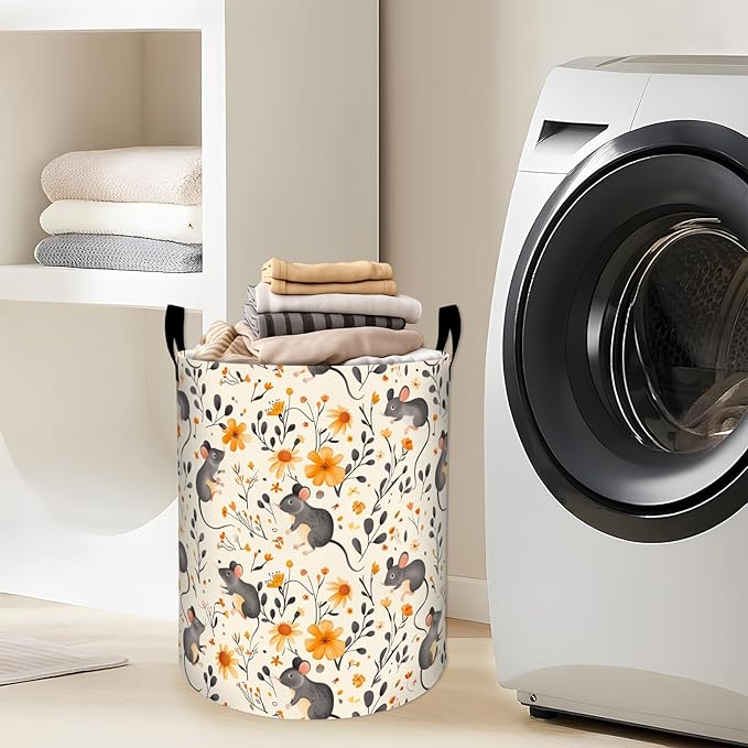 Playful Mouse and Yellow Flowers Laundry Basket with Handles, 19.7"x15.7" Clothes Foldable Laundry Hamper Organizer for Dorm Nursery Bedroom Bathroom Decor, Toy Storage Bin for Kids
