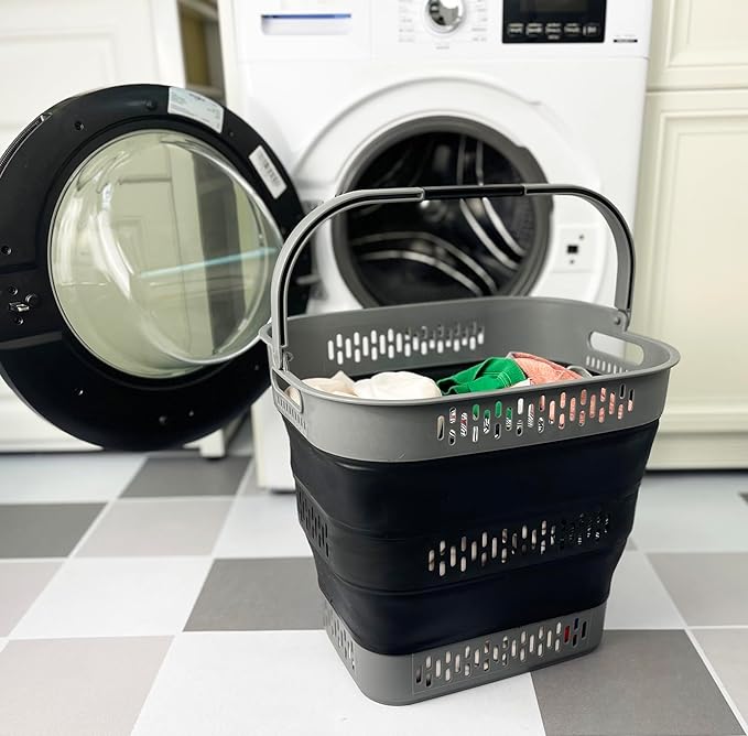 SAMMART 38L (10 Gallon) Collapsible Plastic Laundry Basket - Foldable Pop-Up Storage Container/Organizer – Portable Space Saving Laundry Hamper (1, Grey/Black)