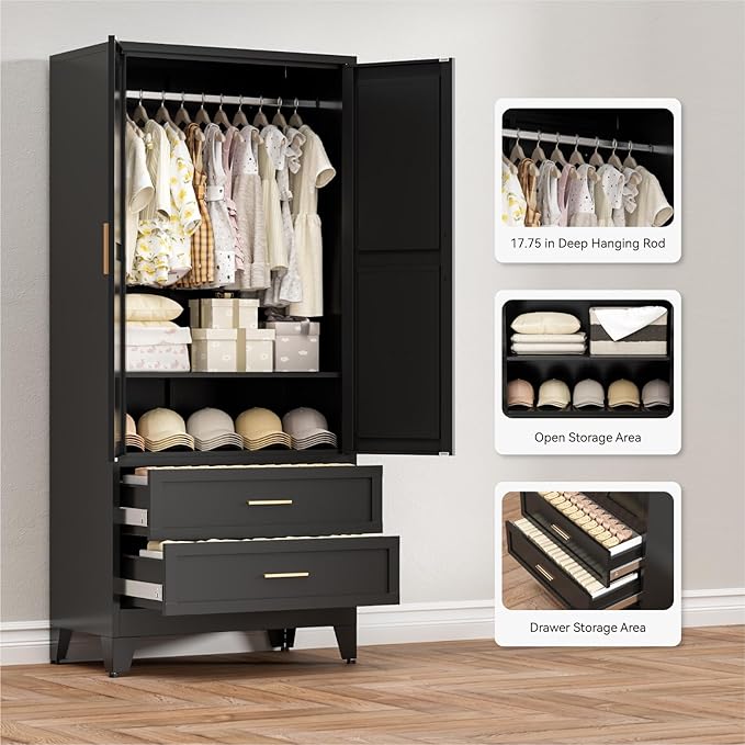 COFaR Metal Wardrobe Closet with Doors, 71'' Tall Farmhouse Bedroom Armoires with Drawers and Hanging Rod, Freestanding Steel Wardrobe Garage Closet for Bedroom Home Office Garage, Black