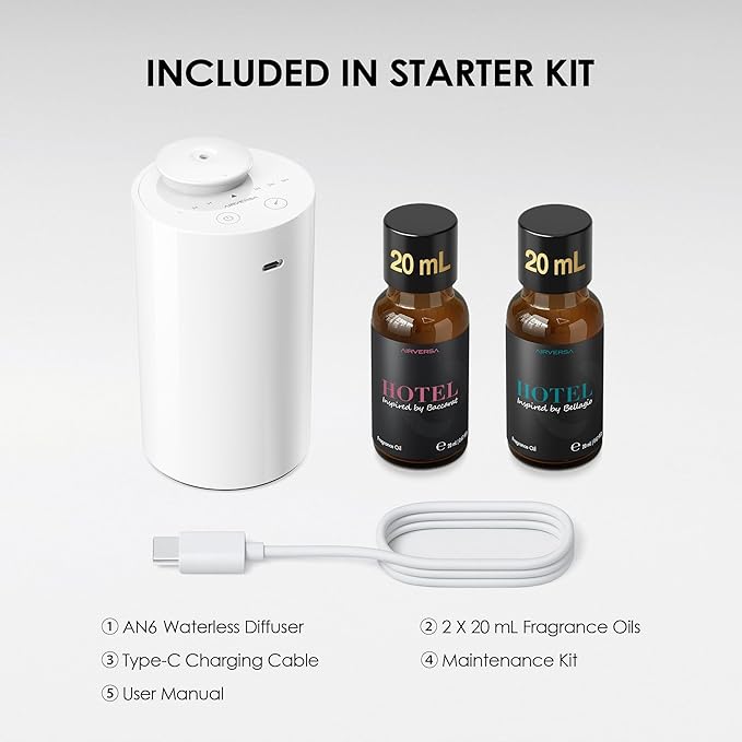 Airversa Waterless Essential Oil Diffuser Starter Kit with 2x20mL Hotel Fragrance Oils, Cordless Nebulizer for Car Home Office, Up to 600 sq ft, Mist/Timer Settings, Baterry Operated, AN6Kit-3, White